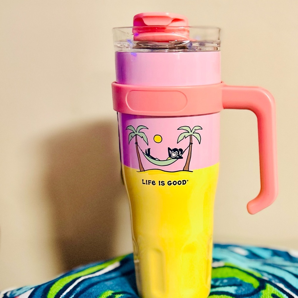Brand New Corkcicle Yellow and Pink Travel Mug “ Life Is Good “ ✅✅